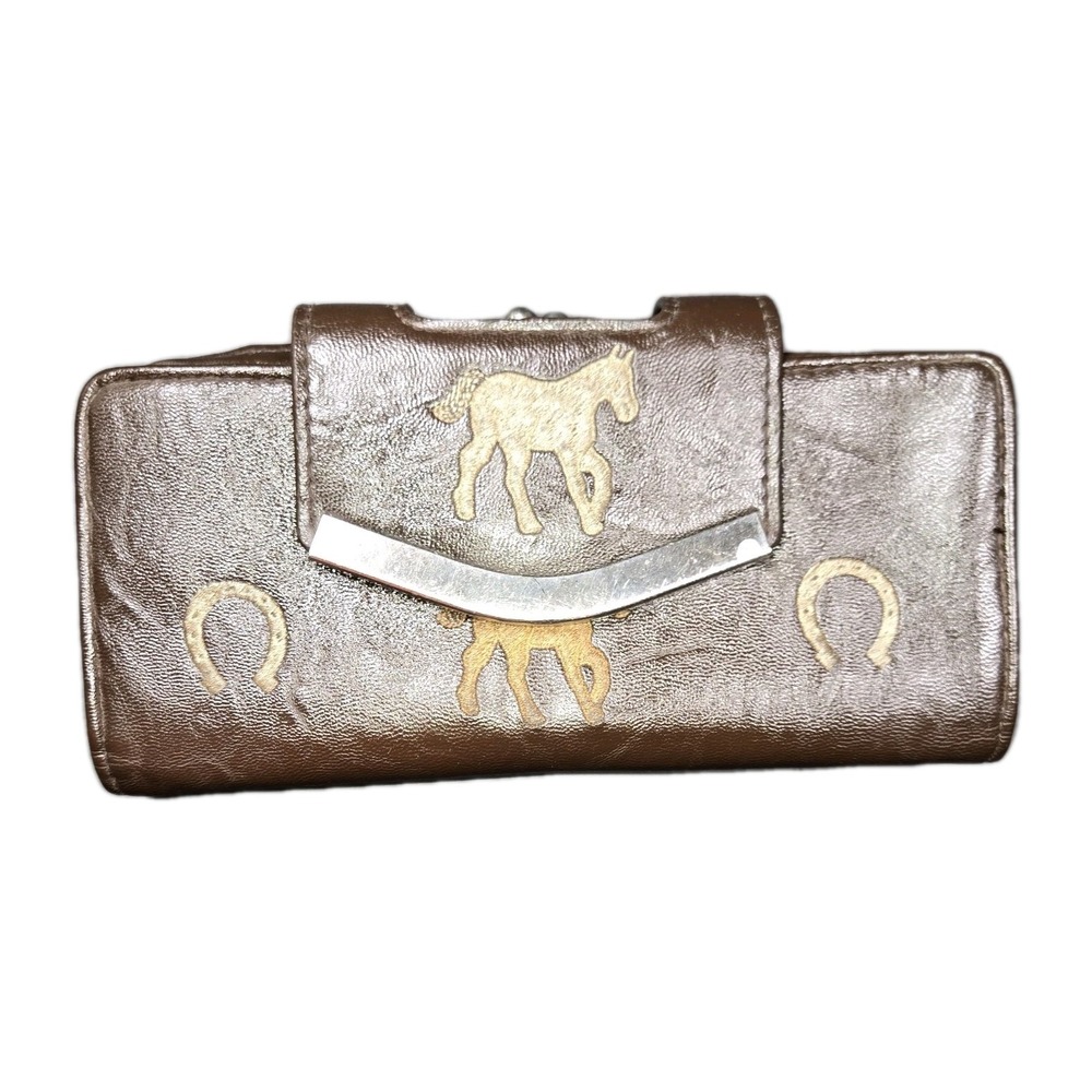 Vintage Western Horse Horseshoe Brown Faux Leather Kiss Lock Trifold Wallet
